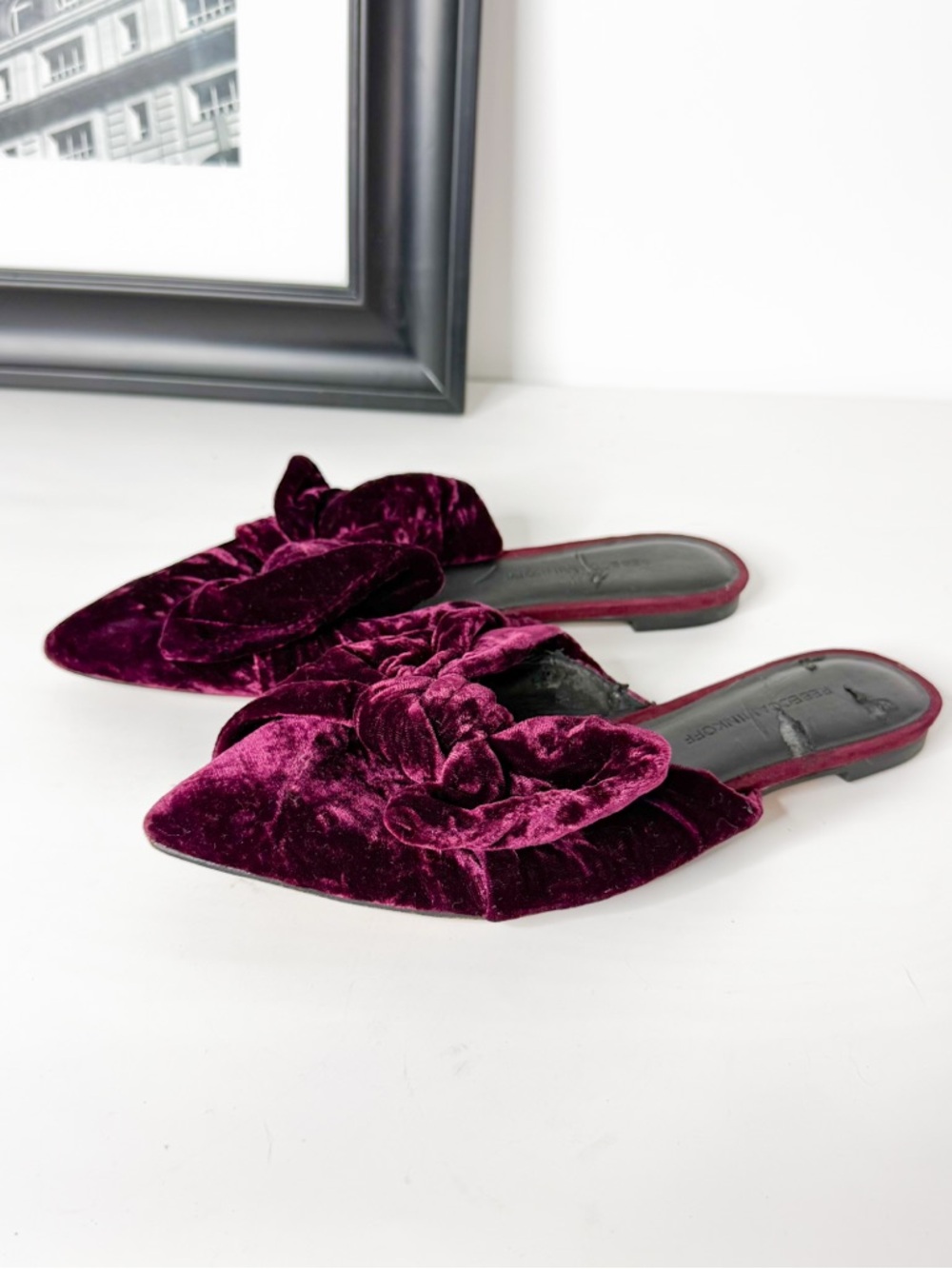 Rebecca Minkoff Burgundy Velvet Bow Mules Pointed Toe Slides Size 7.5